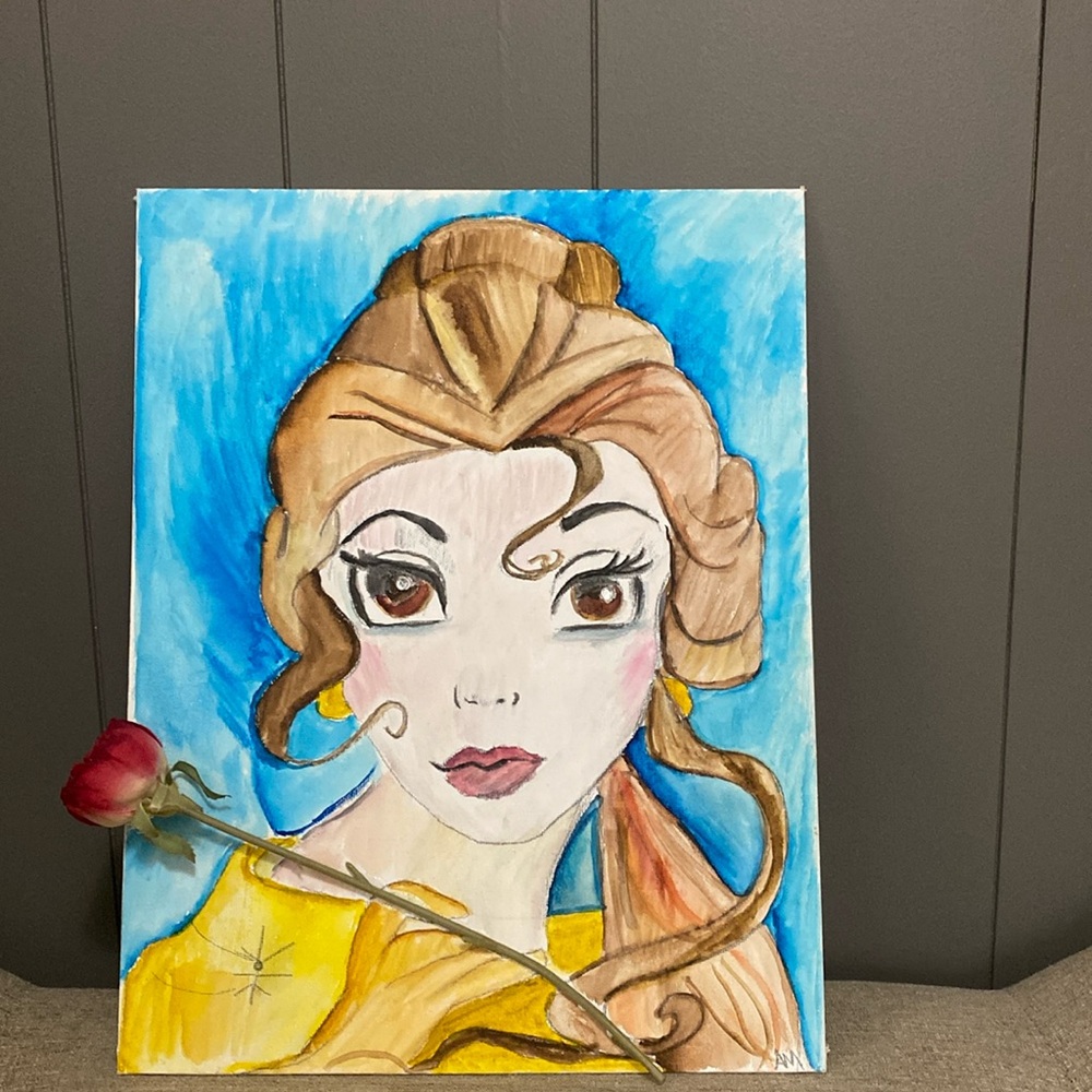 Belle “Beauty and the Beast” hand painted watercolor on canvas 11”x14”